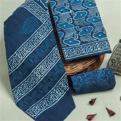 Indigo Hand Block Printed Cotton Ethnic Dress Material Set