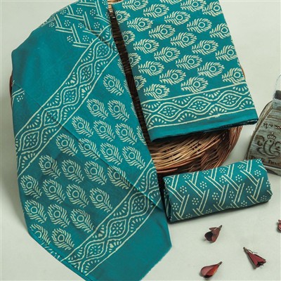 Teal Peacock Feathers Hand Block Printed Cotton Suit Set