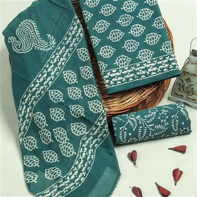 Hand Block Printed Teal Green Cotton Dress Material Set