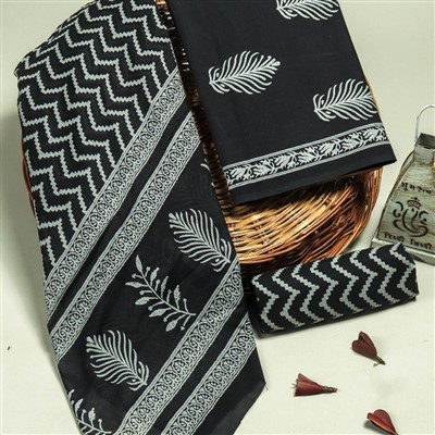 Hand Block Printed Cotton Ethnic Suit Set in Monochrome Zigzag and Leaf Patterns