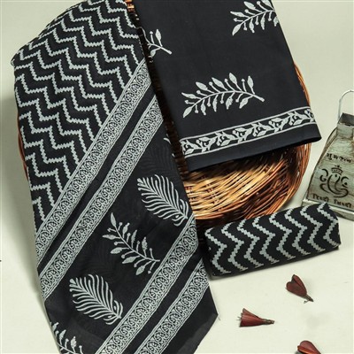 Monochrome Leaf Zigzag Cotton Dress Material Set