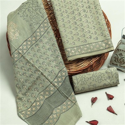 Sage Green Hand Block Printed Cotton Suit Set with Floral Borders