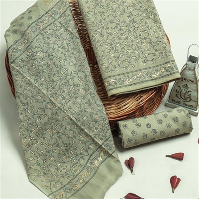 Olive Green Floral Cotton Dress Material Set