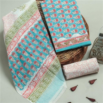Hand Block Printed Cotton Suit Set with Turquoise Floral Delight
