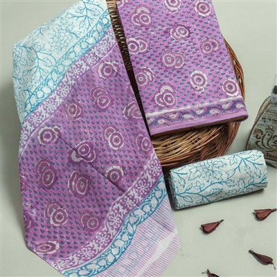 Lavender Blossom Hand Block Printed Cotton Dress Material Set