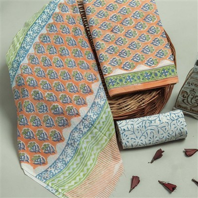 Hand Block Printed Cotton Dress Material Set in Orange, Blue, Green & White Floral Motif