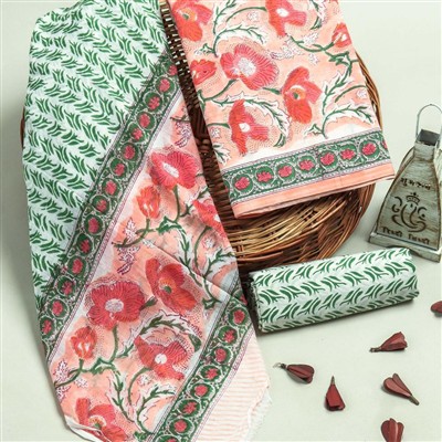 Hand Block Printed Peach Floral Cotton Suit Set