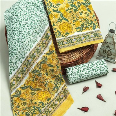 Green & Yellow Floral Block Print Cotton Dress Material Set
