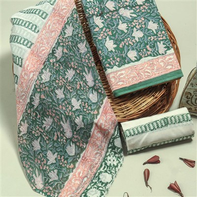Hand Block Printed Green and Peach Floral Cotton Suit Set
