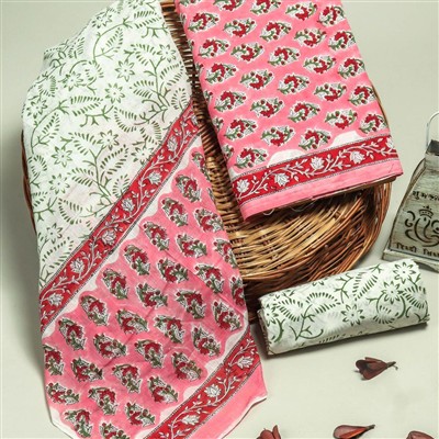 Hand Block Printed Pink Floral Cotton Suit Set