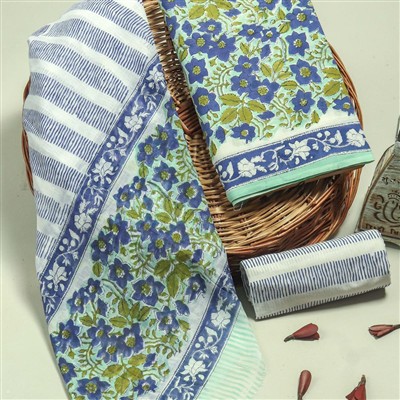 Hand Block Printed Cotton Suit Set in Blue Floral and Striped Patterns