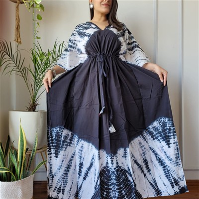 Monochrome Tie-Dye Cotton V-Neck Kaftan