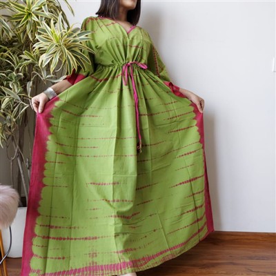 Hand Block Printed Green Cotton Kaftan with Reddish-Pink Accents