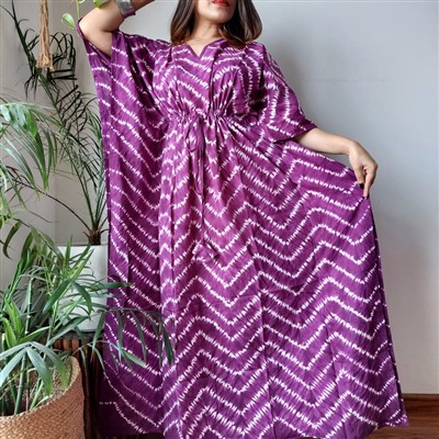 Purple Zigzag Tie-Dye Cotton Kaftan Dress