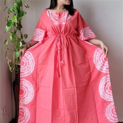 Coral Tie-Dye Cotton Kaftan with White Circles