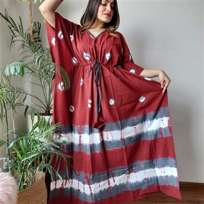 Hand Block Printed Maroon Cotton Kaftan Dress with Tie-Waist Detail