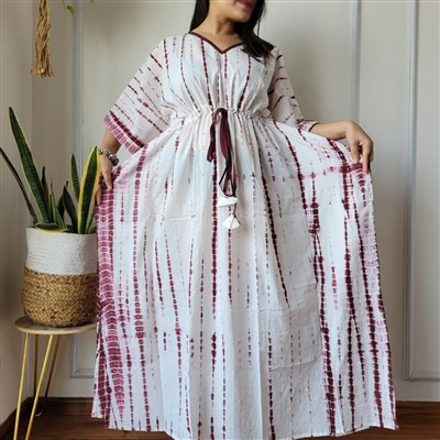 Maroon Tie-Dye Stripe Cotton Kaftan Dress