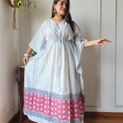 Hand Block Printed Red Floral Cotton Kaftan Dress