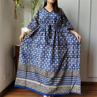 Hand Block Printed Blue Cotton Kaftan Dress with Floral Border