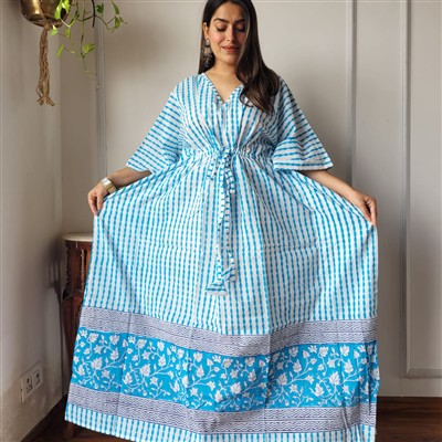 Indigo Dotted Stripe Cotton Maxi Dress