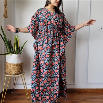 Navy Blossom Batwing Cotton Kaftan