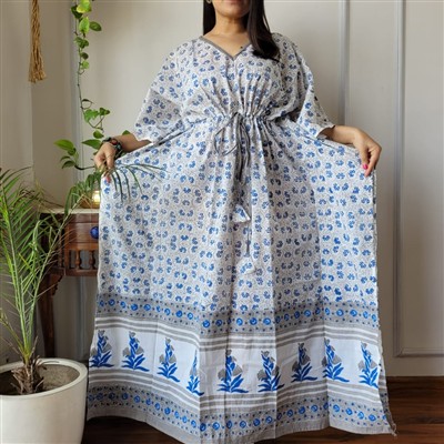 Hand Block Printed Blue Floral Cotton Maxi Dress