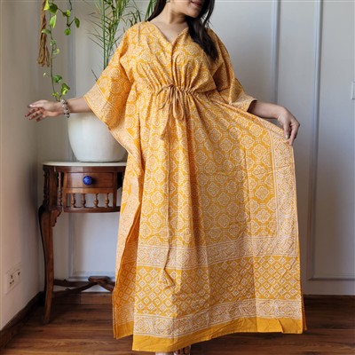 Mustard Floral Print Cotton Kaftan Dress