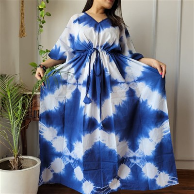 Indigo Tie-Dye V-Neck Cotton Maxi Dress