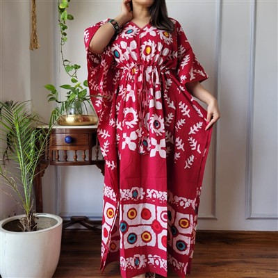 Crimson Blossom Hand Block Printed Cotton Kaftan Dress