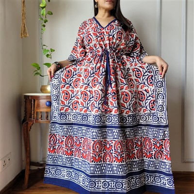 Navy Blue Floral Bliss Cotton Kaftan