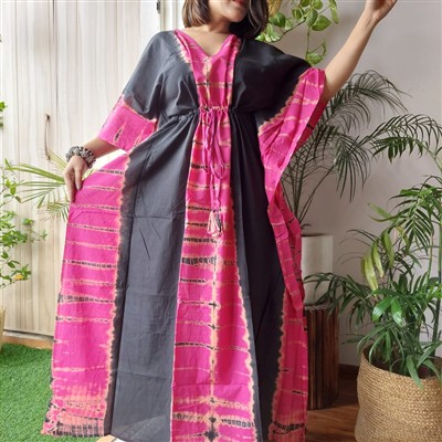 Pink Tie-Dye Cotton Kaftan Dress with Flowing Sleeves