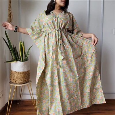 Hand Block Printed Light Blue Cotton Kaftan Dress with V-Neckline
