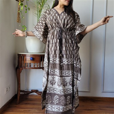 Indigo Geometric Block Print Cotton Kaftan Dress