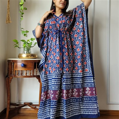 Indigo Floral Hand Block Printed Cotton Kaftan Dress