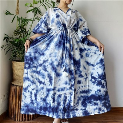 Indigo Tie-Dye V-Neck Cotton Kaftan Dress