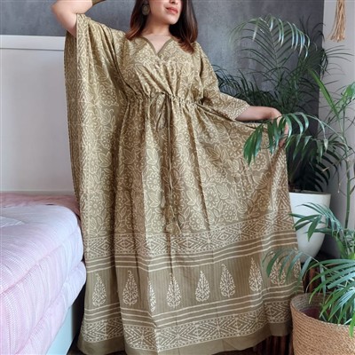 Olive Green Floral Geometric Kaftan Dress