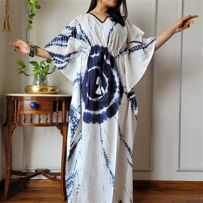 Hand Block Printed Navy Tie-Dye Cotton Kaftan with Tassel Drawstring