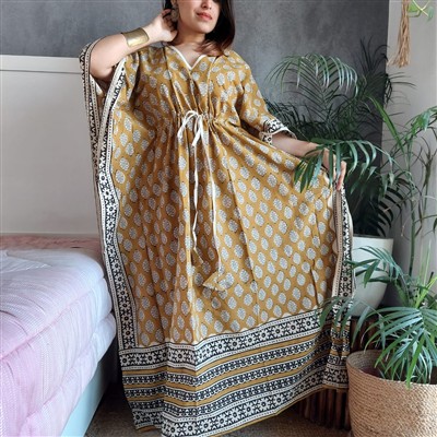 Hand Block Printed Mustard Cotton V-Neck Kaftan Dress