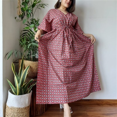 Hand Block Printed Red Cotton Maxi Dress with Waist Detail