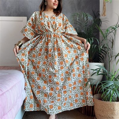 Hand Block Printed Orange Floral Cotton Kaftan Dress