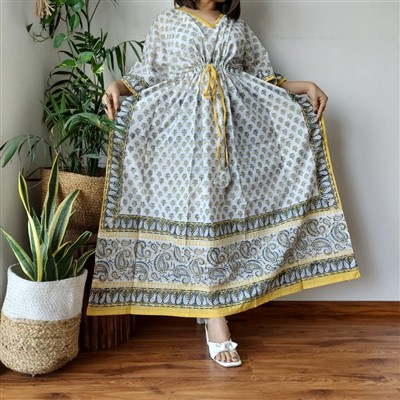 Sunflower Meadow Hand Block Printed Cotton Kaftan Dress