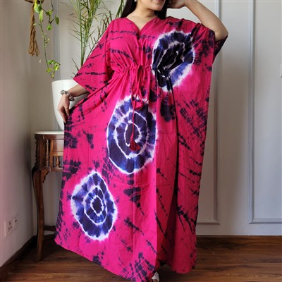 Indigo Tie-Dye Cotton Kaftan Dress with V-Neckline
