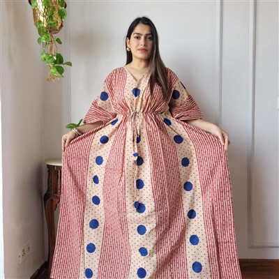 Hand Block Printed Beige Cotton Maxi Dress with Red Stripes and Blue Polka Dots