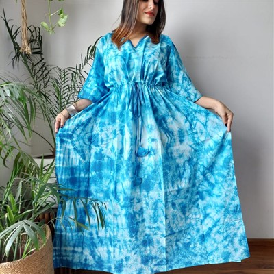 Indigo Tie-Dye Cotton V-Neck Kaftan Dress with Tassel Drawstring