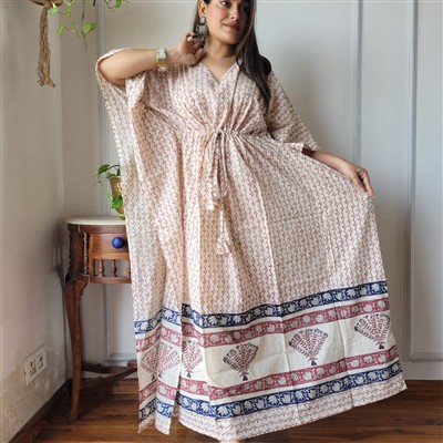 Hand Block Printed Red Floral Cotton Kaftan Dress