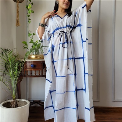 Hand Block Printed Blue Grid Cotton Kaftan Dress