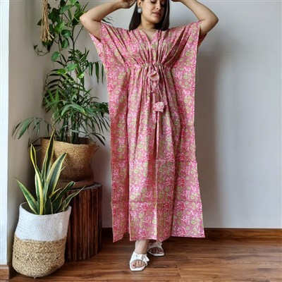Floral Vine Hand Block Printed Cotton Kaftan Dress