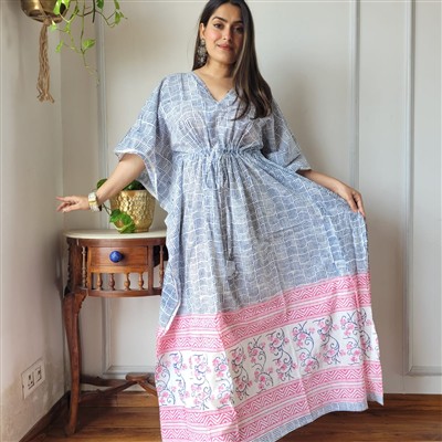 Indigo Geometric & Floral Cotton Maxi Dress