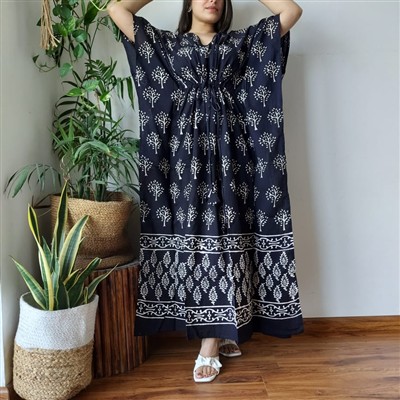 Hand Block Printed Black Tree Motif Cotton Kaftan Dress