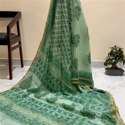 Hand Block Printed Mint Green Chiffon Saree with Yellow Border
